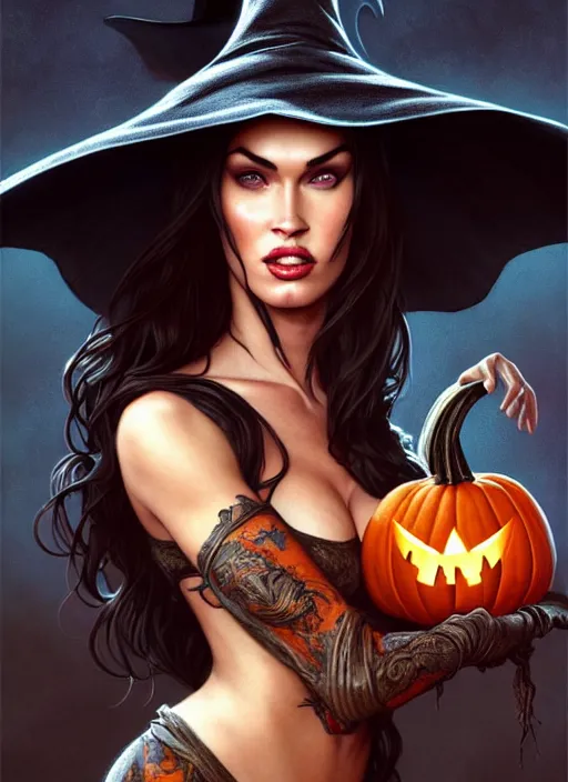 Prompt: portrait of megan fox as witch, hat, toad, pumpkin, halloween, intricate, headshot, highly detailed, digital painting, artstation, concept art, sharp focus, cinematic lighting, illustration, art by artgerm and greg rutkowski, alphonse mucha, cgsociety