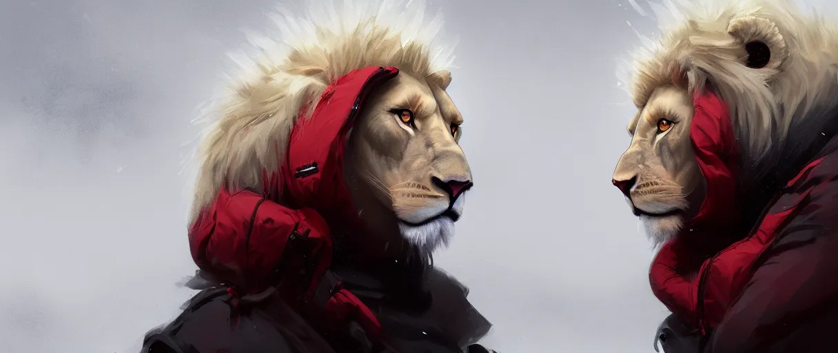 Image similar to commission portrait of a male anthro albino lion wearing a red-black puffer jacket.dramatic,character design by charles bowater,greg rutkowski,ross tran,hyperdetailed,hyperrealistic,4k,deviantart,artstation,professional photography,concept art