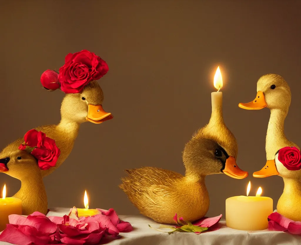 Image similar to two ducks with funny hats on their heads having a romantic dinner with candles champagne petals roses, hyperrealistic, focused, extreme details, masterpiece, 8 k, ultrahd, hd resolution