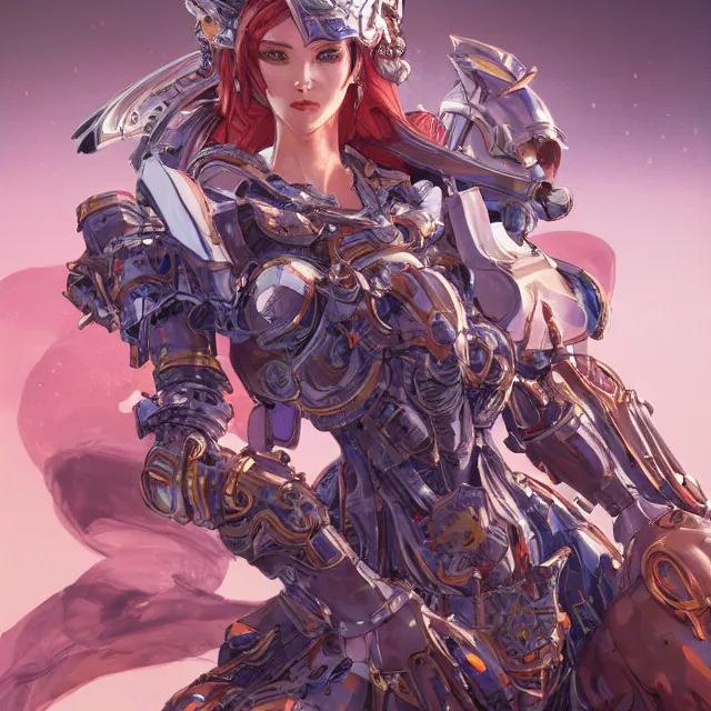 Image similar to studio portrait of lawful good colorful female holy mecha paladin absurdly beautiful, elegant, young sensual graceful woman, ultrafine hyperrealistic detailed face illustration by kim jung gi, irakli nadar, intricate linework, sharp focus, bright colors, matte, octopath traveler, final fantasy, unreal engine highly rendered, global illumination, radiant light, intricate environment