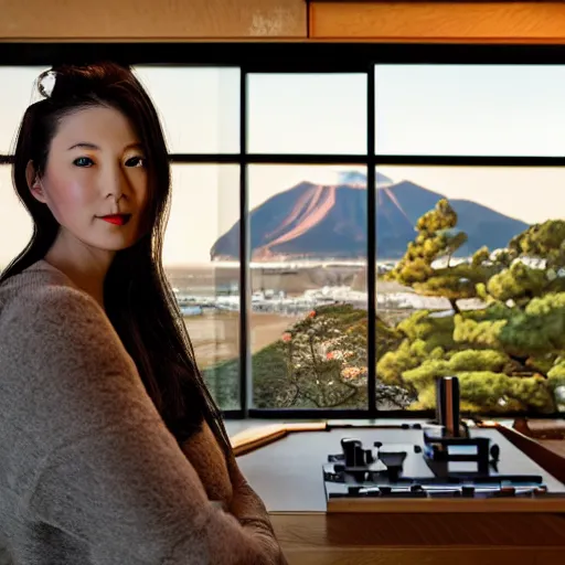 Image similar to dlsr portrait, a humanoid android robot of a beautiful woman made out of expensive high - end 8 0's japanese hi - fi equipment, inside the kitchen of a japanese influenced neo - midcentury modern futuristic villa, huge windows showing a rocky california shoreline at golden hour, 4 k, face enhance, ultra - detailed