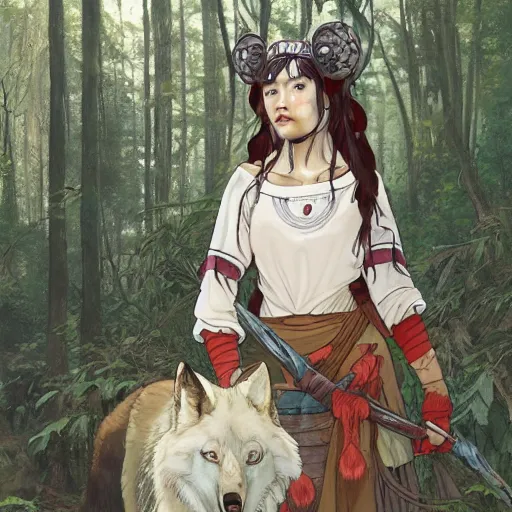 Image similar to Princess Mononoke as a real person ((asian woman with red facepaint)) determined expression, standing next to a giant white wolf, in a forest, by Artgerm,Greg Rutkowski,Alphonse Mucha, 4k resolution, highly detailed