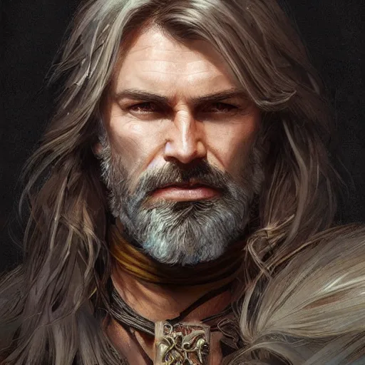 Prompt: portrait of a ruggedly handsome cleric, soft hair, muscular, half body, leather, hairy, d & d, fantasy, intricate, elegant, highly detailed, digital painting, artstation, concept art, smooth, sharp focus, illustration, art by artgerm and greg rutkowski and alphonse mucha