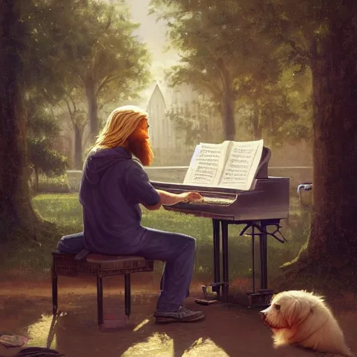 Image similar to oil painting of a young man with long hair blond and a beard hippie style with his golden retrever dog playing piano in the square for money, people watching around, by greg rutkowski, artstation