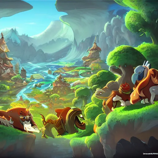 Prompt: a beautiful artwork from dofus, ultradetailed landscape with creatures, majestuous scene, artstation