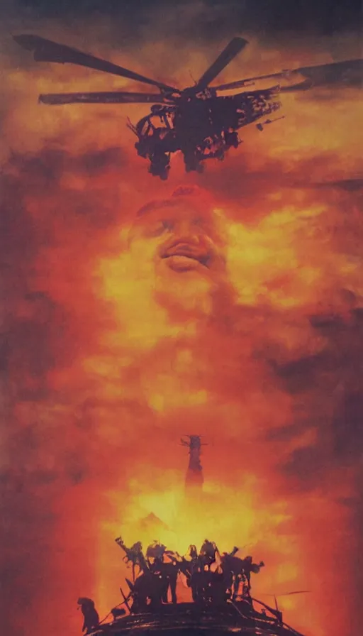 Image similar to donald trump's face close up on the apocalypse now poster, red sunset, capitol building, washington dc, black helicopters, air brush, oil paint, radiant light, caustics, heroic, bright iridescent light, by gaston bussiere, by bayard wu, by greg rutkowski, by maxim verehin
