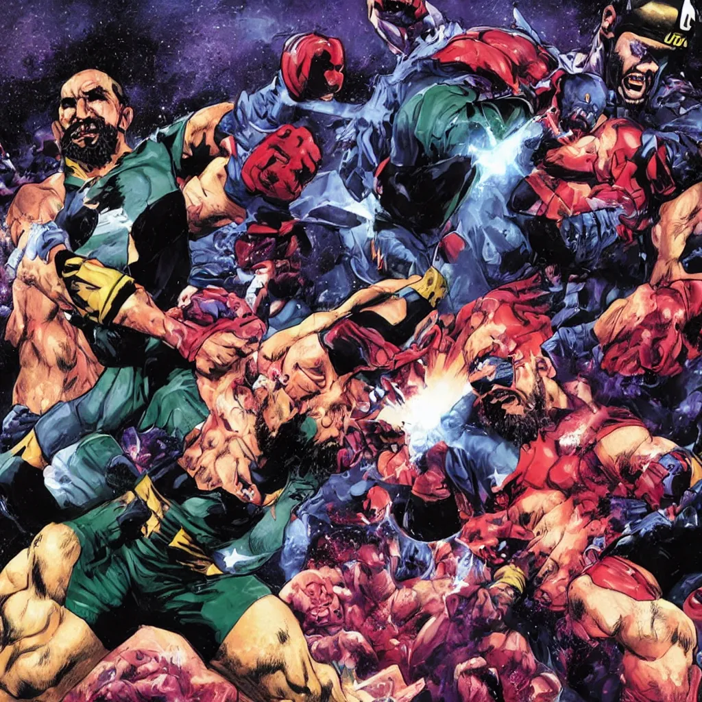 Image similar to A photograph of Fidel Castro fighting Thanos in the UFC, hyperrealistic