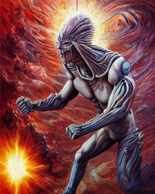 Image similar to fist of the north star, by antonio j. manzanedo, giger, alex grey, android jones, wayne barlowe, philippe druillet, raymond swanland, cyril rolando, josephine wall, harumi hironaka, trending on artstation