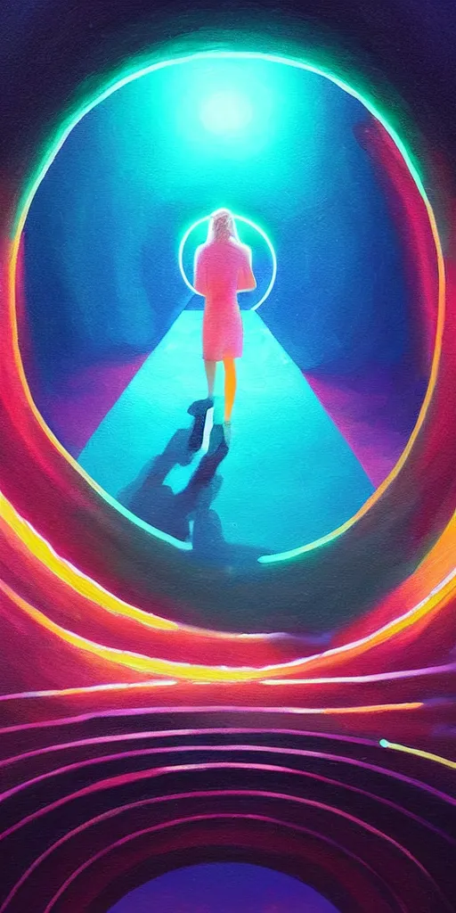 Image similar to a beautiful painting of a person walking out of a stargate by sylvain sarrailh 8 k particulate neon light film grain