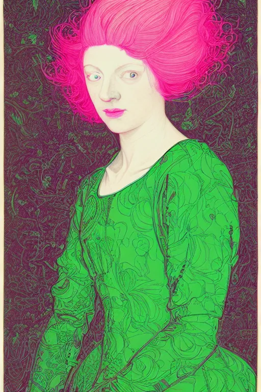 Prompt: portrait of a young pale woman with pink hair, wearing a neon green dress, intricate details, super-flat, in the style of James Jean