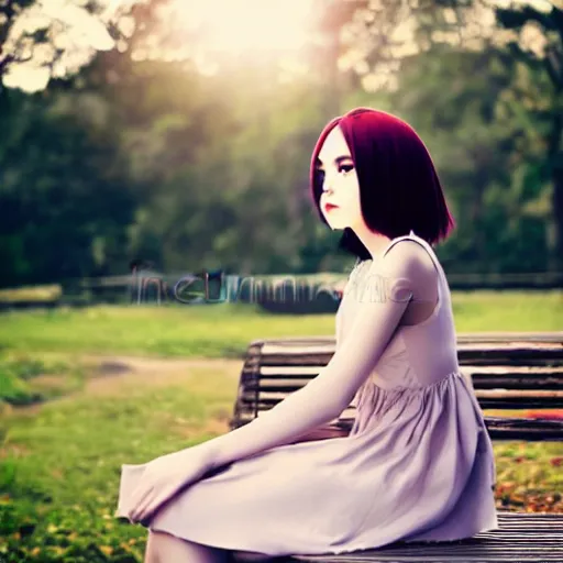 Prompt: anime kerli koiv young female model sitting on bench photography sun dress beautiful face and body, dramatic light 8 0 mm camera