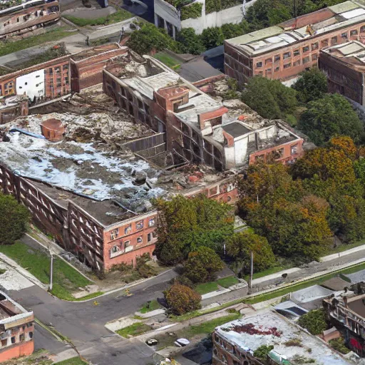 Image similar to top down aerial view of dilapidated high school with office buildings in the streets in real life, desolate with zombies, dilapidated, zombies in the streets, nightmarish, some rusted style parked vehicles, sunny weather, few clouds, volumetric lighting, photorealistic, daytime, autumn, sharp focus, ultra detailed, cgsociety