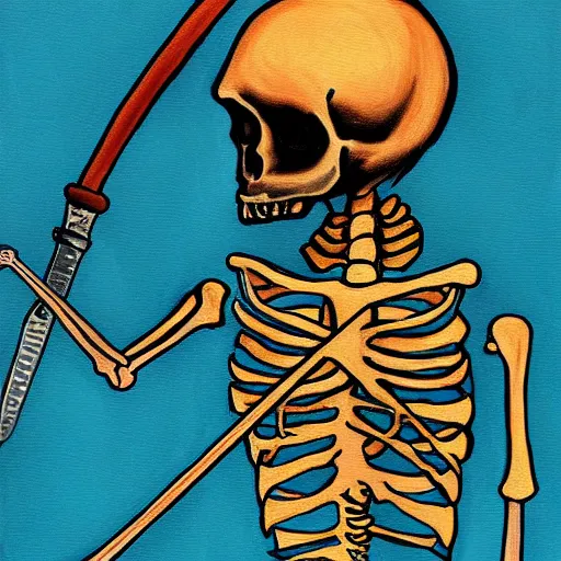 Image similar to A painting of a skeleton with a sword inside the skull by Pendleton Ward