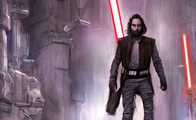 Image similar to a realistic star wars watercolor fantasy concept art of chris d'elia as a drug dealer in a sleazy futuristic city of coruscant, hq, 4 k