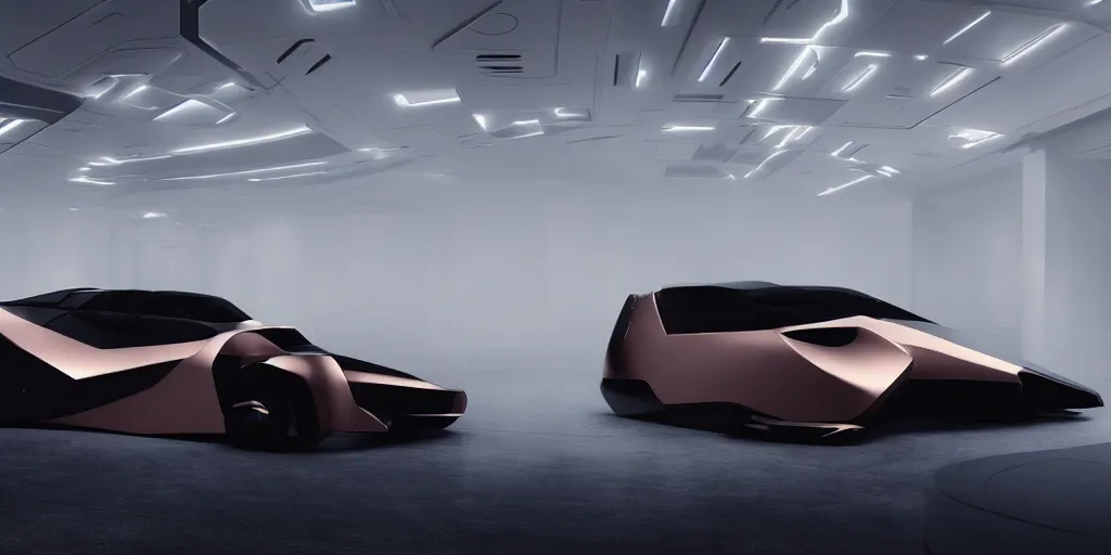 Image similar to a design of a futuristic vehicle, designed by Polestar, blade runner background, brushed rose gold car paint, black windows, dark show room, dramatic lighting, hyper realistic render, depth of field