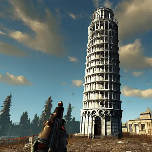 Image similar to Tower of Pisa destroyed post-nuclear war in Fallout 4, in game screenshot