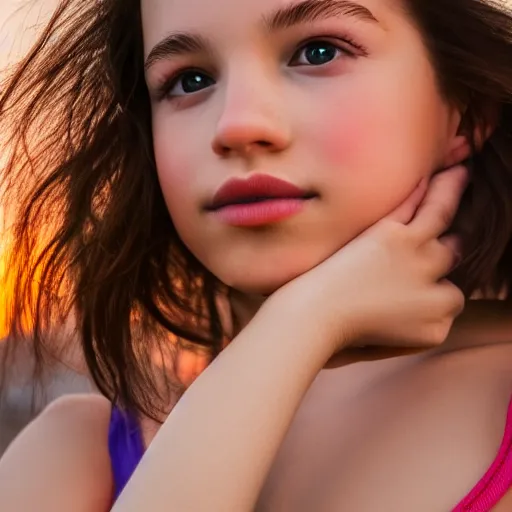 Prompt: photograph of a perfect face of a girl, sunset, 4k