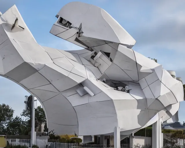 Image similar to photo of white minimalist abstract cubist sculpture of curvy spaceship with random small mecha mayan decorations, covered with few large white airplane parts with windows and doors, gigantic size, sunset lighting inside the suburbs