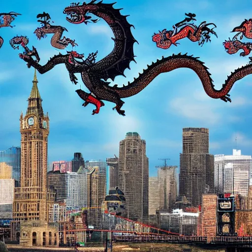 Image similar to 7 headed dragon flying in a city