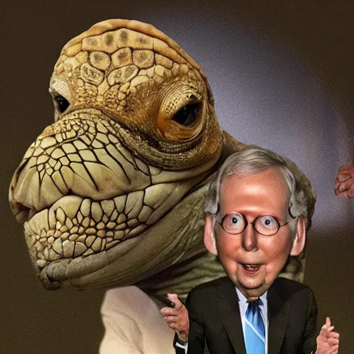 Prompt: donald trump eating a tortoise with the face of mitch mcconnell heironomous bosch