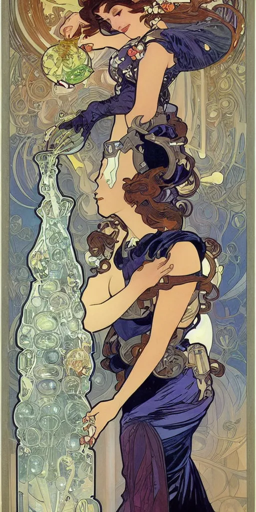 Image similar to a woman wearing outer space as a dress and pouring water from a vase into the milky way, by joe madura, by alphonse mucha, battle chasers.