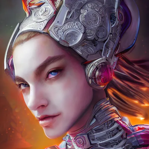 Image similar to studio portrait of lawful good colorful female holy mecha paladin absurdly beautiful, elegant, young sensual graceful woman, ultrafine hyperrealistic detailed face illustration by kim jung gi, irakli nadar, intricate linework, sharp focus, bright colors, matte, octopath traveler, final fantasy, unreal engine highly rendered, global illumination, radiant light, intricate environment