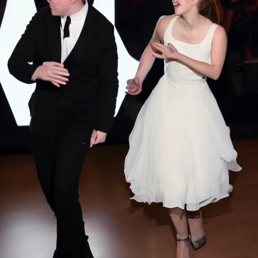 Image similar to elon musk and emma watson dancing together 4k