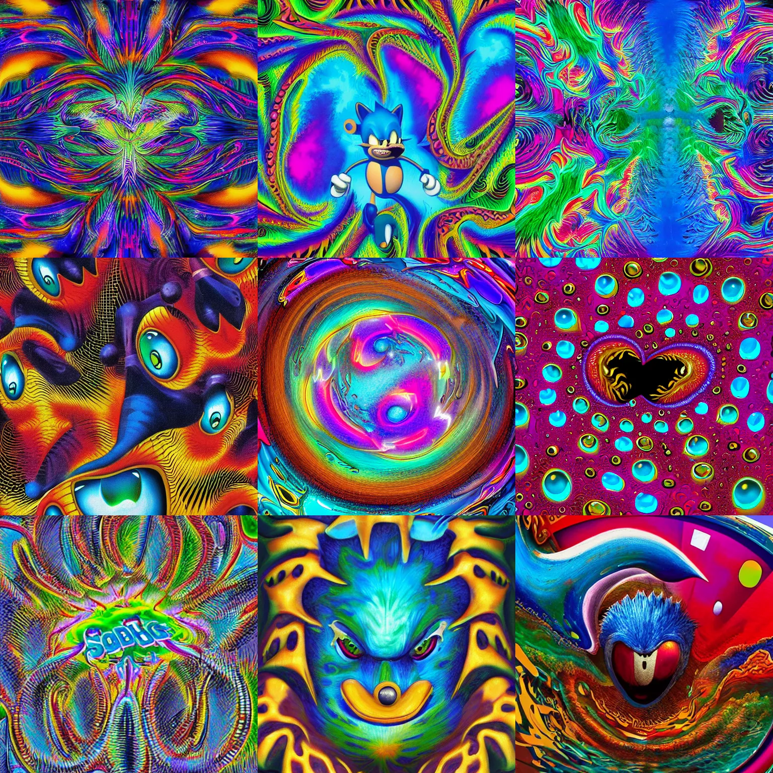 Prompt: closeup portrait of a surreal, sharp, detailed professional, high quality airbrush art sonic the hedgehog mgmt album cover of a liquid dissolving lsd dmt surfing through cyberspace, mandelbrot pattern, 1 9 9 0 s 1 9 9 2 sega genesis video game album cover