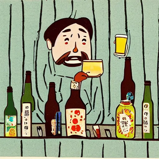 Image similar to a man happily drinks beer by Kimitake Yoshioka.