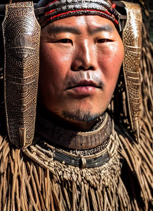 Image similar to tai warlord, closeup portrait, historical, ethnic group, traditional tai costume, bronze headset, leather shoulder armor, fantasy in