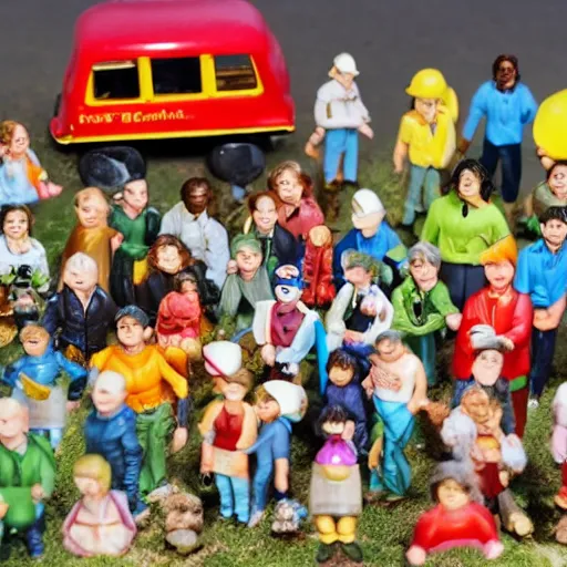 Prompt: photo of several miniature humans with various occupations. The tiny humans are all living inside a town that is inside a 1970s jellied salad