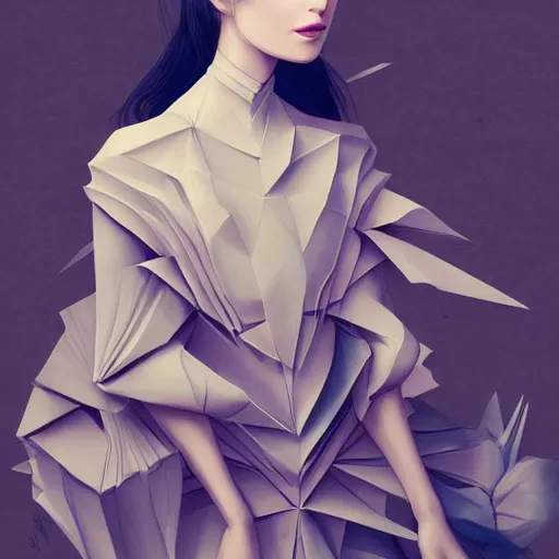 Image similar to 3 / 4 view of a beautiful girl wearing an origami dress, elegant, by esao andrews, by eiko ishioka, givenchy, by peter mohrbacher, centered, high depth of field, origami, detailed fashion illustration, vogue, japanese, reallusion character creator