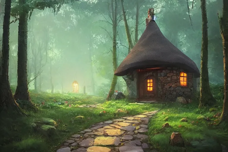 Prompt: a quaint little cottage in a clearing in a huge magical forest by andreas rocha and alena aenami, trending on artstation