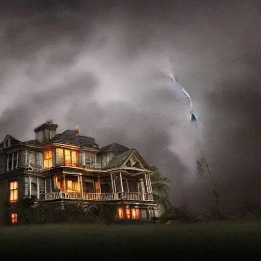 Prompt: a real photo of a horror mansion, in a lighting storm, portrait, 4 k, 8 0 mm, higly detailed, cinematic,