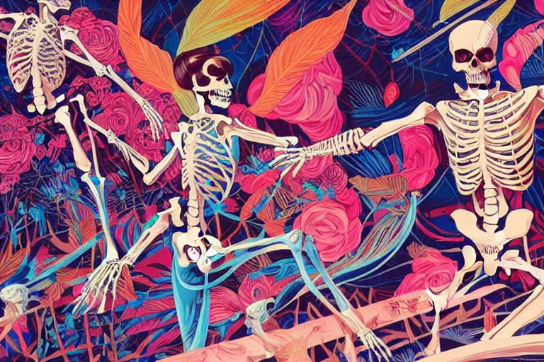 Image similar to skeleton fashion show, victoria's secret, tristan eaton, victo ngai, artgerm, rhads, ross draws