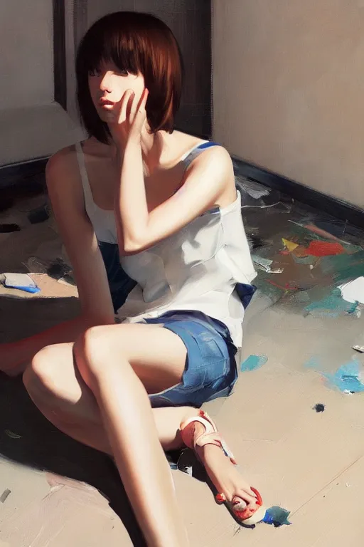 Image similar to A ultradetailed beautiful portrait panting of a stylish woman sitting on the ground of a messy apartment, Oil painting, by Ilya Kuvshinov, Greg Rutkowski and Makoto Shinkai