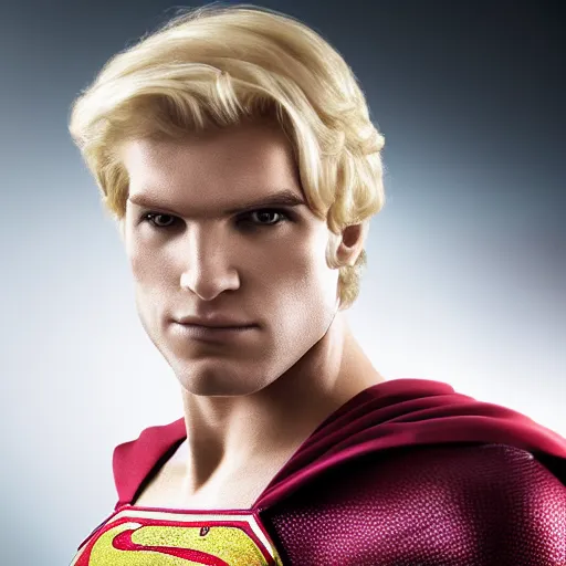 Image similar to portrait of blonde superman with blonde hair he is blinde and thin face lines, his cape is the american flag