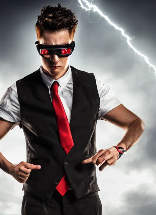 Image similar to photorealistic young man with red spiked long hair, using googles. Wearing black waistcoat, white shirt. dynamic lightning.