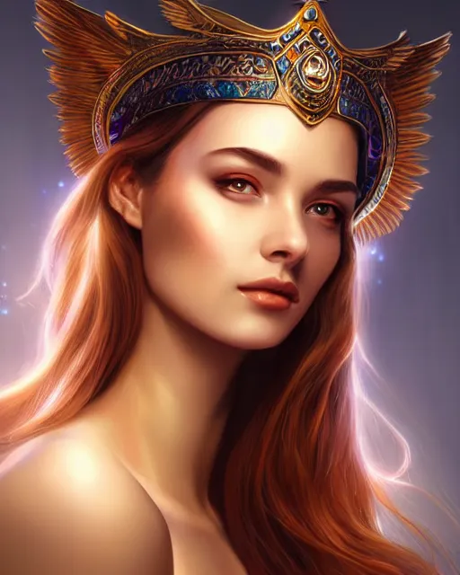 Image similar to beautiful auburn priestess portrait, artgerm, photorealism, radiant halo of light
