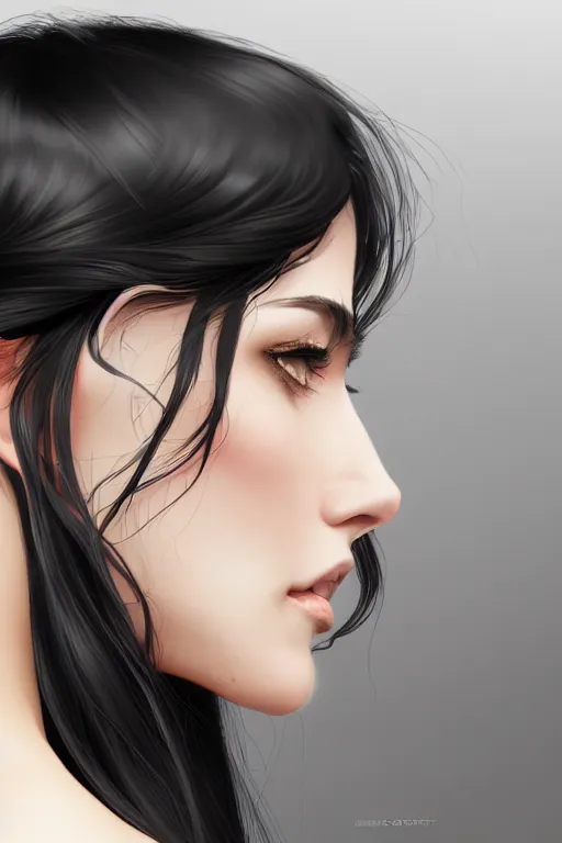 Image similar to side view of a beautiful black haired pale woman, by artgerm, by studio trigger, by wlop, realistic, soft light, warm colors