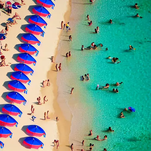 Image similar to photograph beachscapes from an almost perpendicular angle, Aerial view of sandy beach with umbrellas and sea, Aerial of a crowded sandy beach with colourful umbrellas, sun bathers and swimmers during summer, by Tommy Clarke