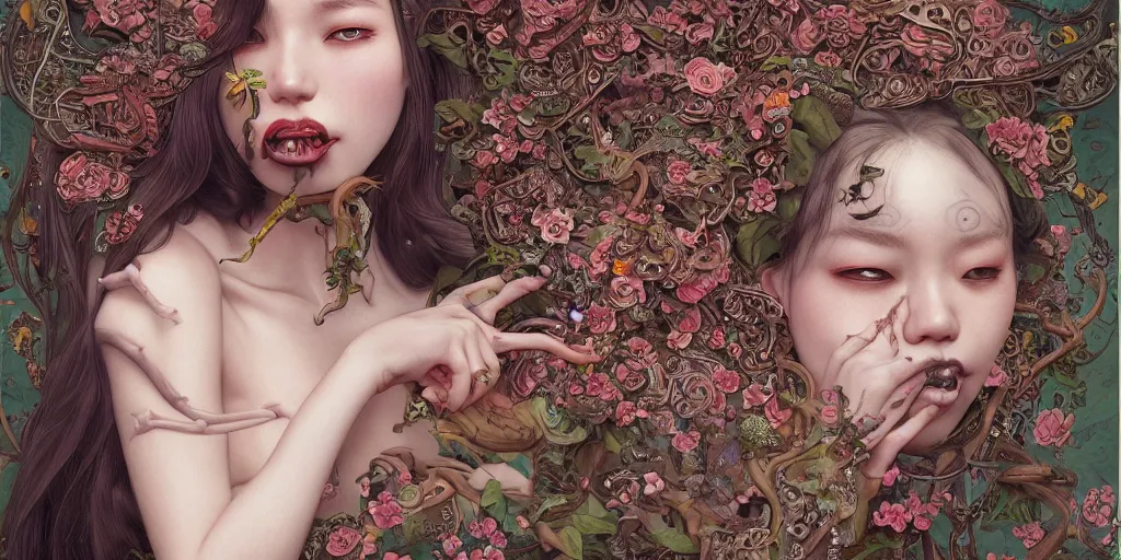 Image similar to breathtaking detailed concept art painting of a woman with snakes crawling in her mouth and eyes flowers, saint, with anxious, piercing eyes, ornate background, amalgamation of leaves and flowers, by Hsiao-Ron Cheng, James jean, Miho Hirano, takato yamamoto, extremely moody lighting, 8K