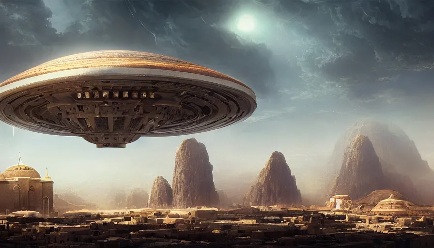 Prompt: a giant alien ufo high tech spaceship eerily hovering on nineveh on mesopotamia city landscape with beautiful shrines by greg rutkowski, artgerm, ross tran, magali villeneuve, intricate, time travel theme, audince in awe, spectacle, audience sorrounding, award winning, octane render, masterpiece, 8 k, beautiful