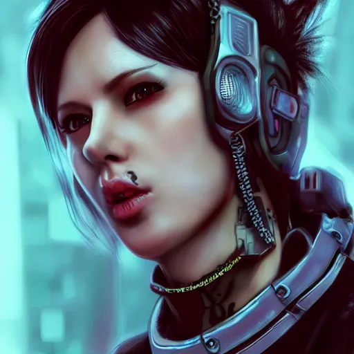 Image similar to realistic female character cyberpunk wearing technological collar around neck, realistic, art, beautiful, 4K, collar, choker, collar around neck, punk, artstation, detailed, female, woman, choker, cyberpunk, punk, collar, choker, collar around neck,