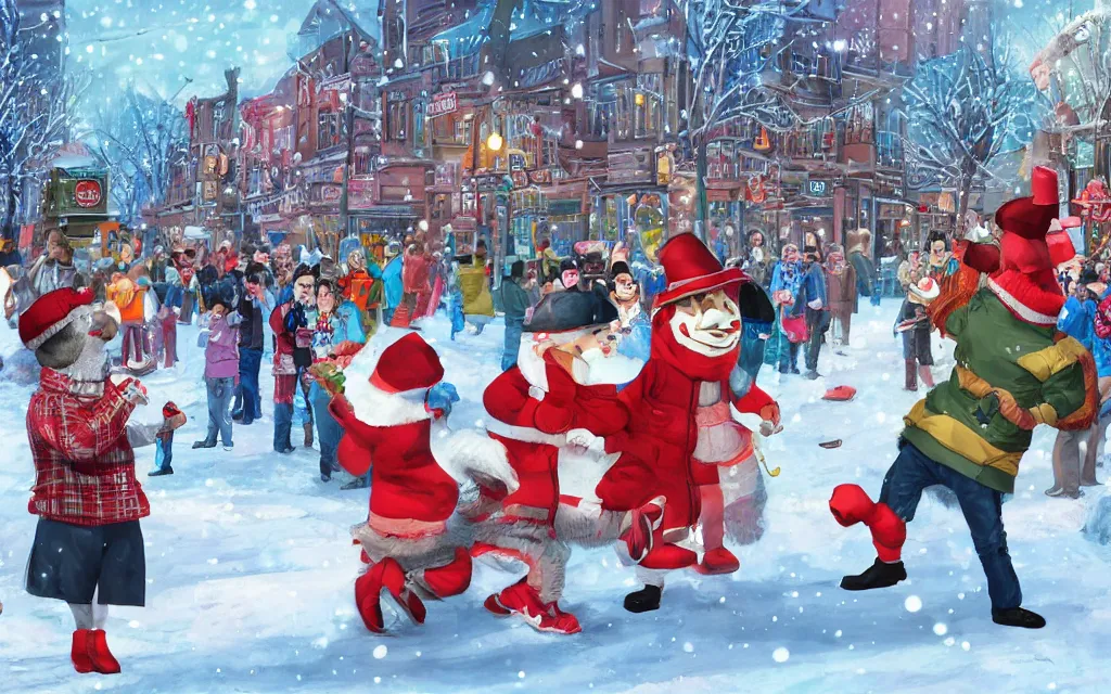 Image similar to winter festival. a mascot dances in the street with the mayor of the town. they are having fun, but the crowd has a strange feeling of remorse, as if they are witnessing something that is morally wrong. highly detailed digital art. trending on artstation