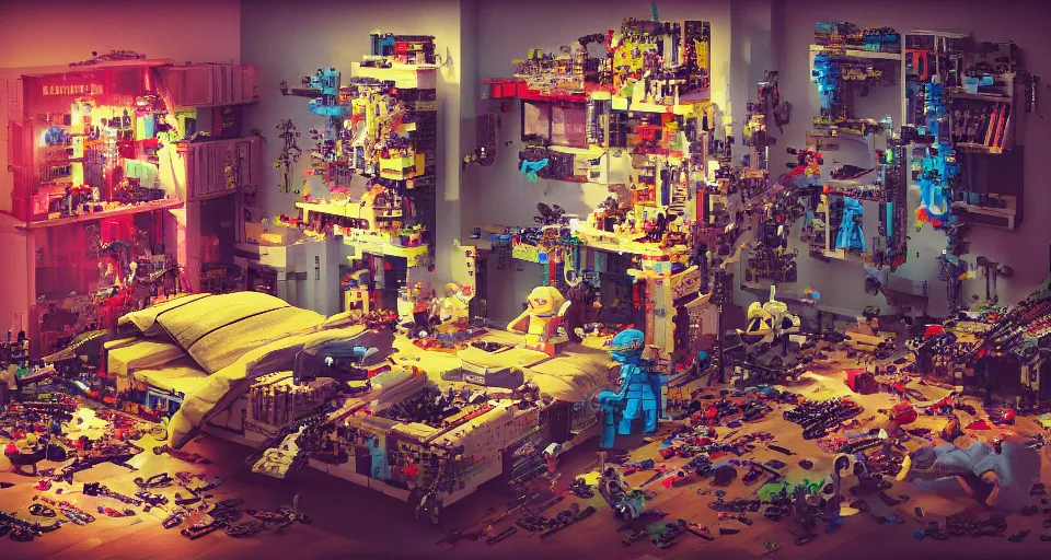 Prompt: IKEA catalogue photo, cyberpunk childrens bedroom, lego, mess by Beksiński