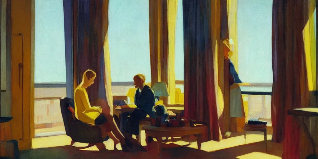 Prompt: a couple talking in a hotel room by the window, colorful, morning sunlight, by edward hooper