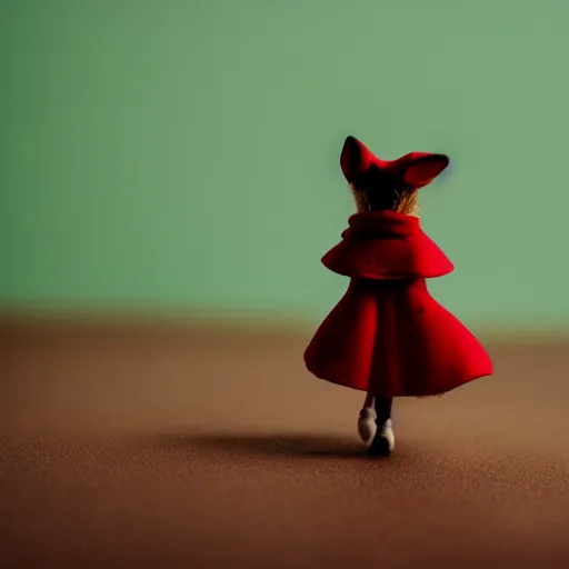 Image similar to a cinematic film still of a claymation stop motion film starring emma stone as little red riding hood, and realistic wolf, shallow depth of field, 8 0 mm, f 1. 8