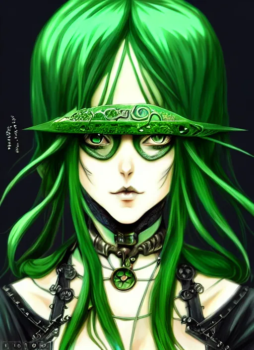 Prompt: beautiful green hair anime woman victorian dress, steampunk, fantasy, eerie, intricate details, pixiv, digital painting, artstation, concept art, 8 k, art by artgerm, loish and alohonse mucha and eiichiro oda symmetrical face symmetrical eyes