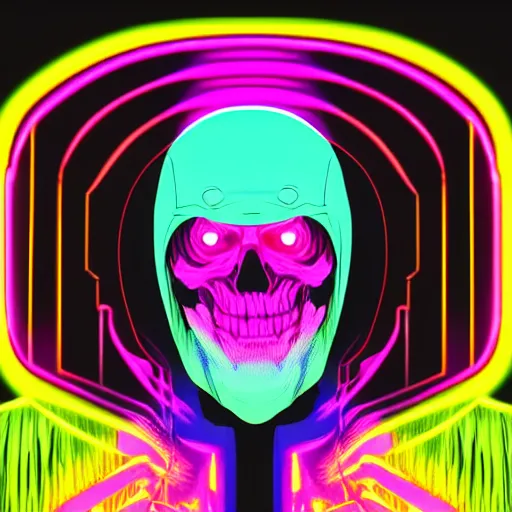 Image similar to skeletor in hoodie, portrait, vaporwave, synthwave, neon, vector graphics, cinematic, volumetric lighting, f 8 aperture, cinematic eastman 5 3 8 4 film, photorealistic